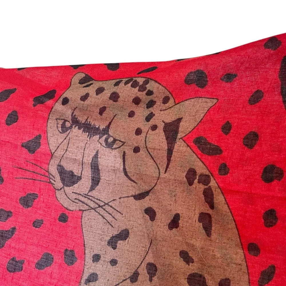 Vintage Large Square Scarf Red Cheetah Print Maximalist Colorful Raw Hem